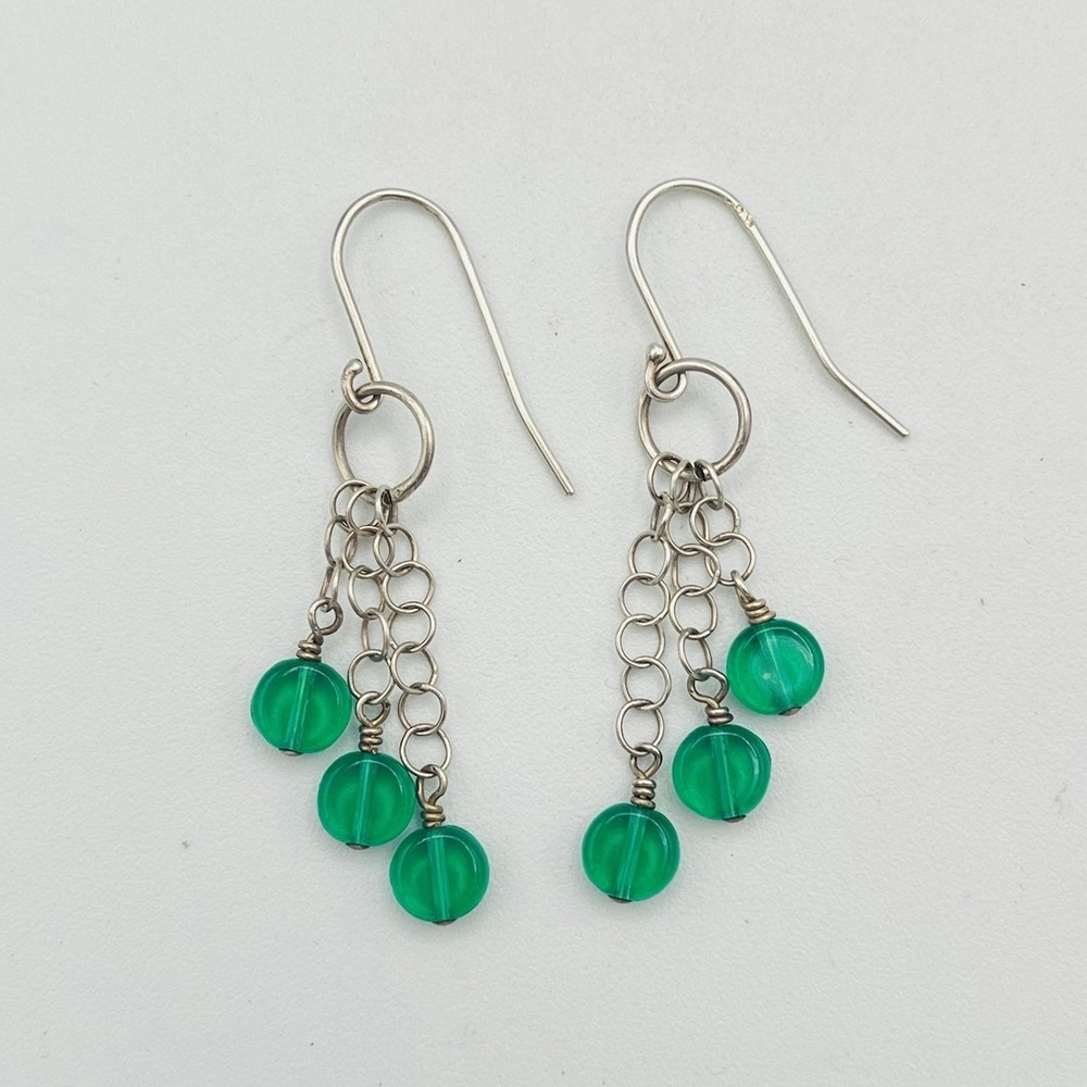 Sterling Silver Green Glass Disc Bead Dangle Earrings 925